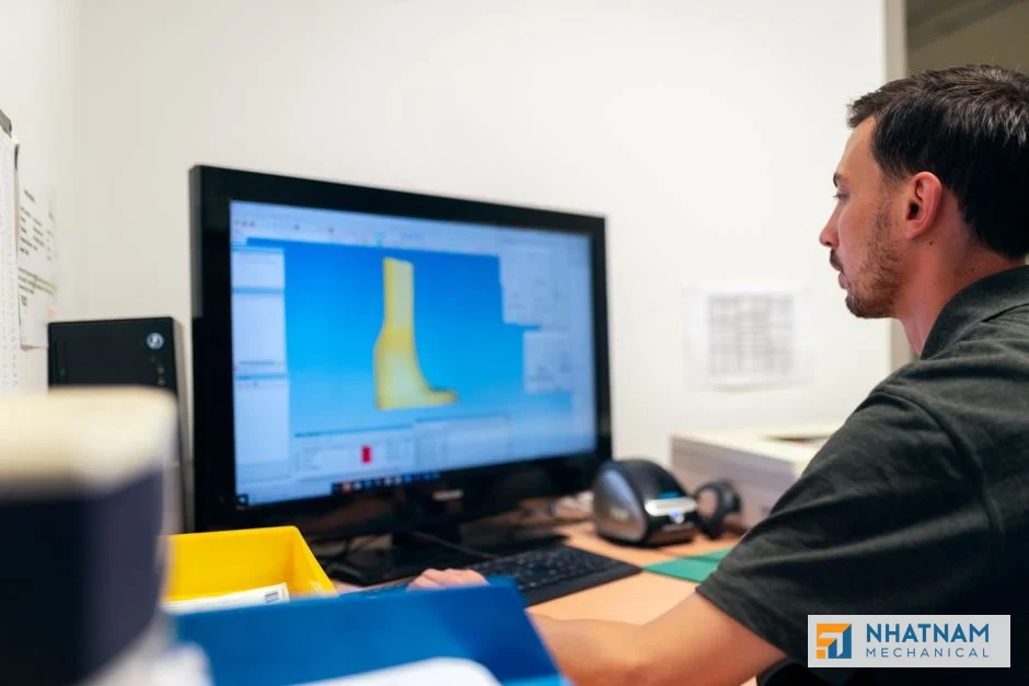 Nhat Nam Sheet Metal engineering team conducting a Design for Manufacturability (DFM) review, collaborating on CAD designs and prototypes for an OEM sheet metal project.
