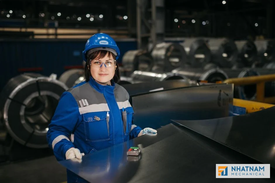 Quality control technician meticulously inspecting a finished OEM industrial metal enclosure at Nhat Nam Sheet Metal, ensuring precision and adherence to specifications before packaging.
